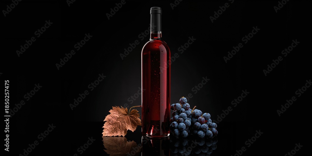 Fototapeta premium Unsealed red wine bottle alongside moist dark blue grapes and dried leaf on a black backdrop, ideal for wine advertisement or packaging