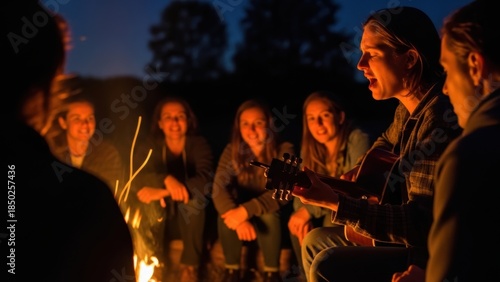 A group of young friends sitting around a campfire at night, one playing guitar and singing.