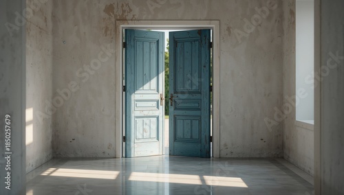 Old blue wooden doors, text...