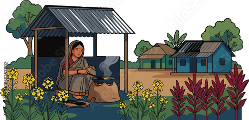 Flat illustration of woman in saree cooking on clay stove in village with houses, fields and traditional rural setting