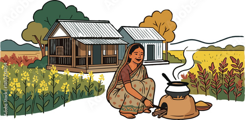 Flat illustration of woman in saree cooking on clay stove in village with houses, fields and traditional rural setting