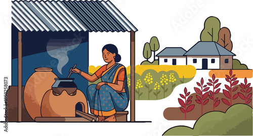 Flat illustration of woman in saree cooking on clay stove in village with houses, fields and traditional rural setting
