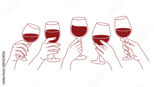 Five hands holding glasses of red wine in a toast celebration on a white background vector illustration