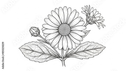 Daisy Flower Botanical Illustration, Hand-Drawn Sketch with Leaves and Bud, Isolated on White