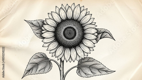 Sunflower Illustration: A detailed monochrome drawing showcases a majestic sunflower with intricately rendered petals, leaves, and stem, exuding the elegance of nature's artistry.