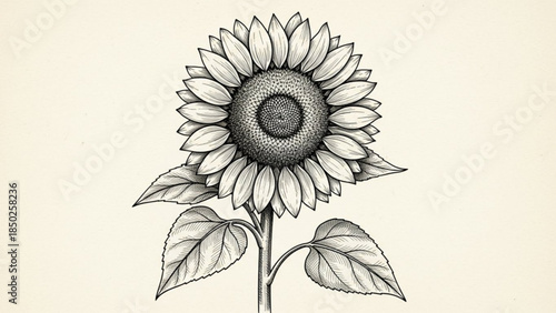 Sunflower Hand-drawn Black and White Botanical Illustration Isolated on Light Background
