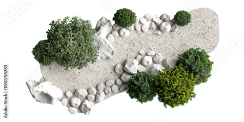 A gravel garden path curves gently through various plants and stones. This cut-out design on a transparent background can be used in landscaping projects or digital art