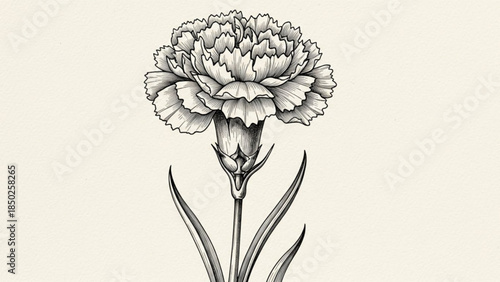 Elegant Carnation Bloom: A finely detailed sketch showcases the beauty of a singular carnation blossom, emphasizing its intricate petal formation. Its elegant form is a timeless illustration.