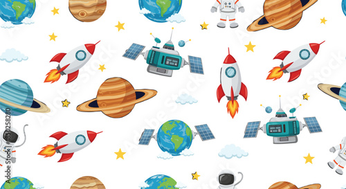 Seamless vector pattern with outer space elements featuring rockets astronauts planets and satellites on white background for children textile wallpaper and educational galaxy design