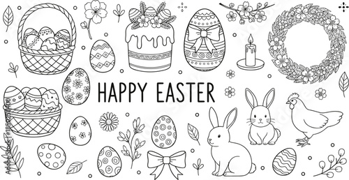 Large collection of hand drawn Easter vector line art icons featuring bunnies decorated eggs baskets and spring flowers for seasonal holiday coloring pages and greeting card design