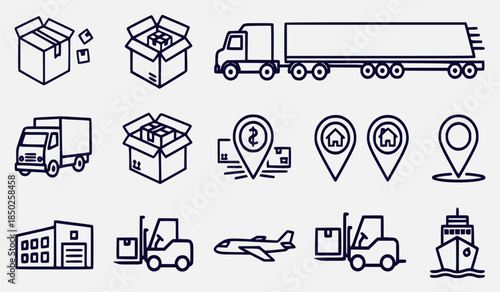 Logistics and transportation icons representing various modes of delivery and shipping
