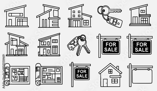 Collection of black and white illustrations depicting various houses and real estate symbols on a clean background
