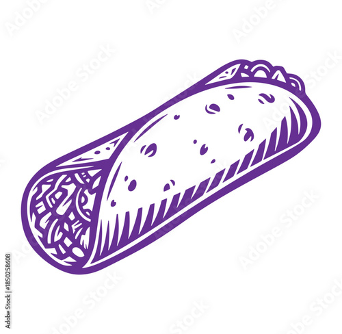 Vector illustration of a delicious purple burrito icon for fast food and mexican cuisine.