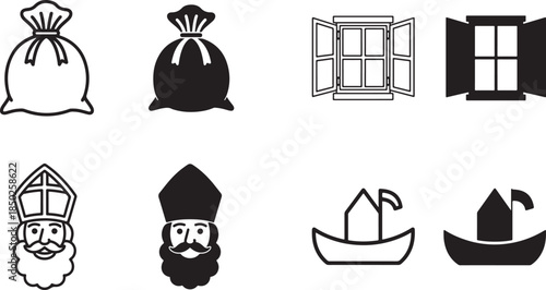 black and white icons of objects and people