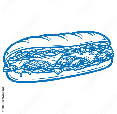 Vector illustration of a delicious sub sandwich with cheese and fresh ingredients blue outline