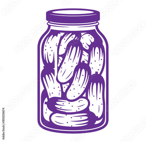 Vector illustration of a jar filled with delicious pickled cucumbers in a purple color.