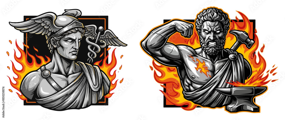 Fototapeta premium Ancient greek gods hermes and hephaestus mascot vector illustration