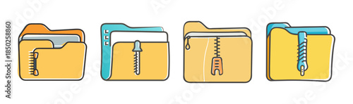 Set of four stylized zip folder icons in yellow and blue colors