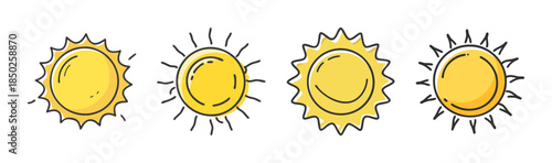 Four stylized yellow sun icons with radiating lines on white background