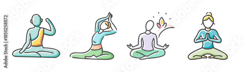 Collection of four stylized yoga icons in various poses and colors