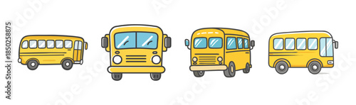 Set of four yellow school bus icons from different angles on white background