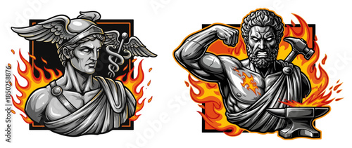 Ancient greek gods hermes and hephaestus mascot vector illustration