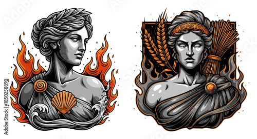 Ancient greek goddesses Demeter and Amphitrite busts with wheat and sea elements