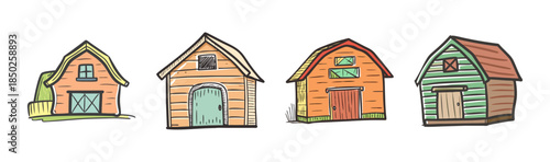 Collection of four colorful cartoon barns, farm buildings, isolated on white.