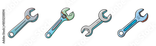 Set of four cartoon wrenches, adjustable and fixed, isolated on white background.