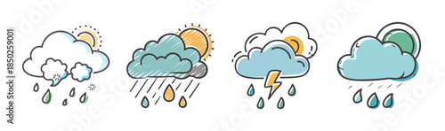 Doodle icons of weather conditions: sun, rain, clouds, and lightning