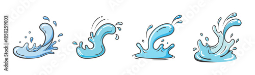 Four dynamic cartoon water splashes and sprays in various shapes
