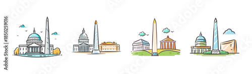 Stylized line art of Washington D.C. landmarks with colorful accents