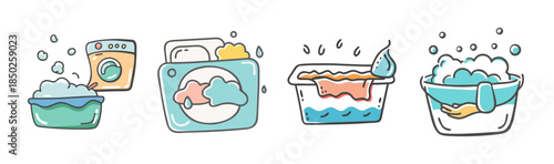Hand-drawn icons depicting laundry and washing machine with soap bubbles