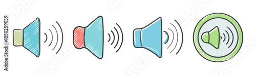 Collection of hand-drawn speaker icons showing sound waves and volume