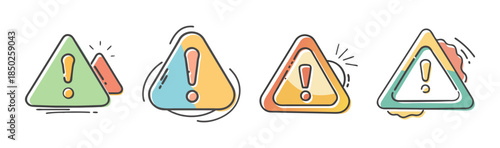 Set of four stylized warning triangle icons with exclamation marks
