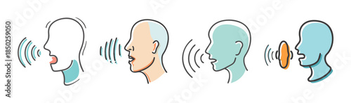 Collection of hand-drawn human profiles expressing speech and sound