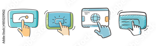 Hand touching virtual screens and interactive digital interfaces on tablets