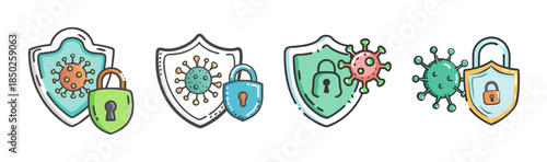 Hand drawn virus shields and locks protecting against coronavirus infection