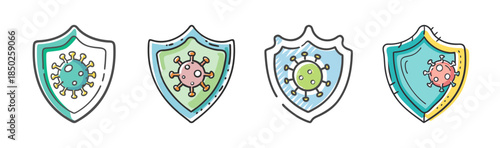 Hand drawn virus shields protecting against coronavirus infection and disease