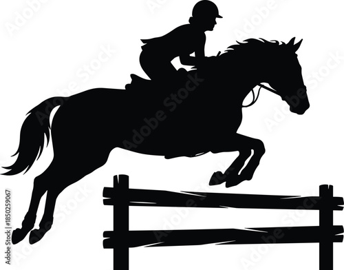 Horse jumping rider silhouette CAD drawing flat vector illustration for equestrian sport competition outdoor logo stock
