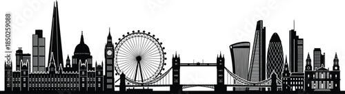 London city skyline silhouette CAD drawing flat vector illustration featuring landmarks for travel tourism architecture logo stock