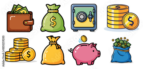 Cartoon financial money and banking icon set
