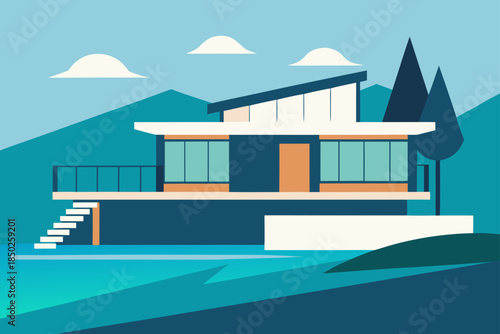 Vector Art of a Contemporary Waterfront House: Sleek Modern Architecture with Large Windows and Scenic Views