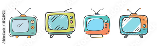 Group of four vintage television set icons with antennas and colorful designs