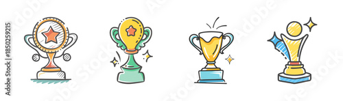 Collection of four doodle-style trophy icons with stars and sparkles, celebrating victory.