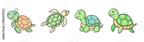 Four cute cartoon turtles with different expressions and colors, isolated on white.