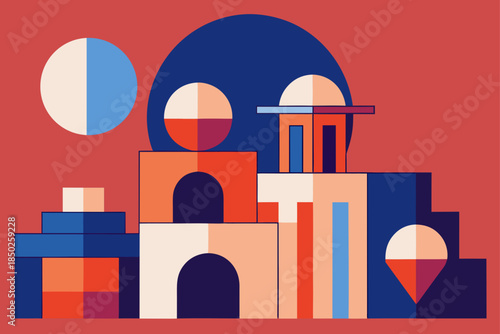 Abstract Architectural Composition with Interlocking Circles - Modern Geometric Design Vector Illustration