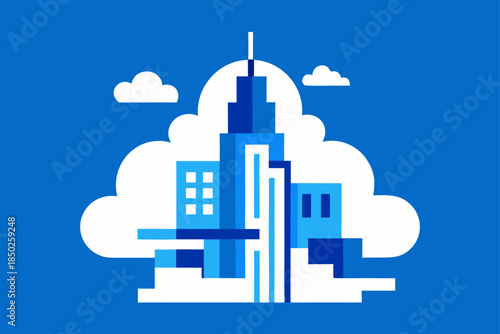 Abstract Flat Vector Illustration of a Futuristic Cloud City Building Concept, Sky-High Urban Planning