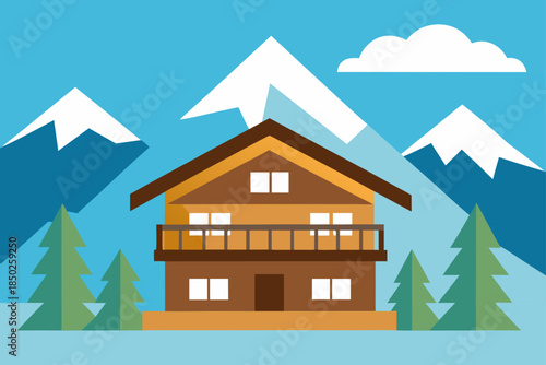 Picturesque Alpine Chalet with Wooden Balconies - Flat Vector Architectural Illustration for Mountain Resorts