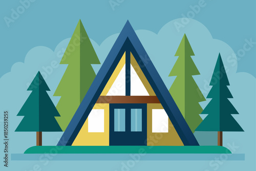 Simple Flat Vector Illustration of a Modern A-Frame Cabin Retreat Nestled in a Serene Forest Landscape